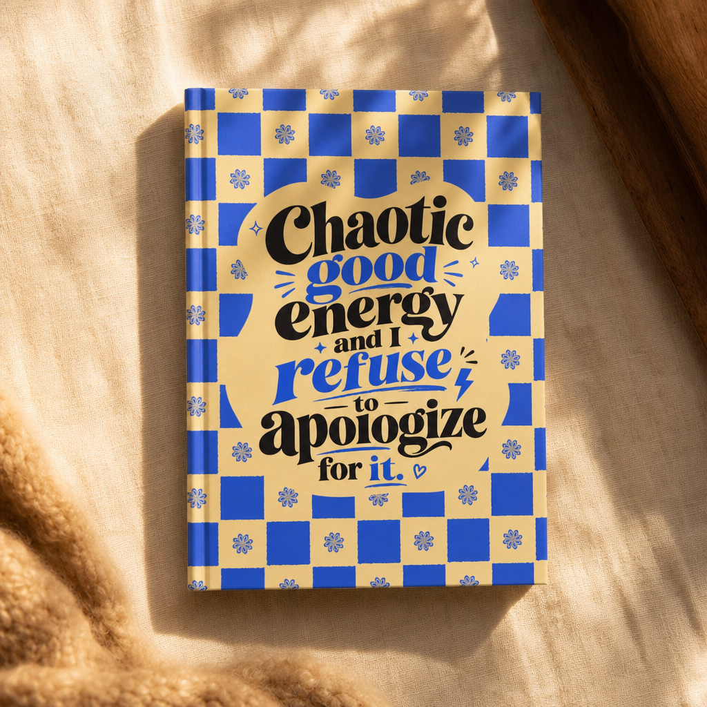Chaotic good energy and I refuse to apologize for it., Hardcover Journal Matte, printed to order in a hand drawn seamless pattern